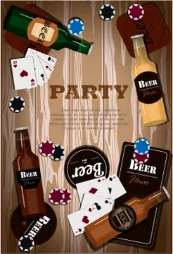 Table with items for playing cards, poker, dominoes, beer. Top view of the Stock Illustration