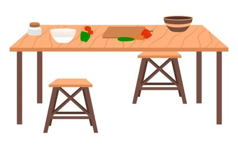 Table on Kitchen, Cooking Vegetables Process Stock Illustration