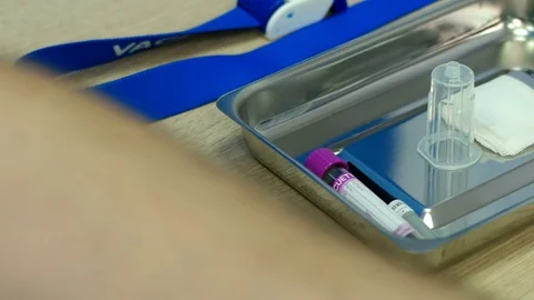 Table with laboratory facilities for taking blood tests. Stock Footage 75261317
