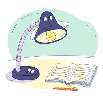 Table lamp, book and pen doodles Illustrazione stock