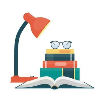 Table lamp, different books, glasses. Love reading concept. Vector illustrati Stock Illustration