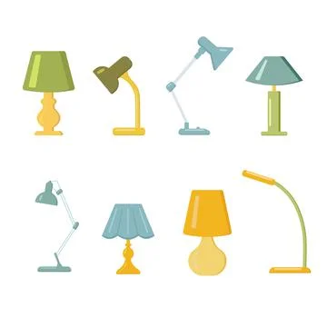 Table lamp in flat cartoon style. Set of lamps isolated. Chandeliers - elements Stock Illustration