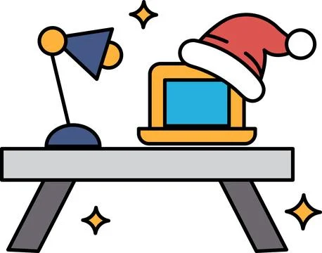 A table with a lamp, laptop, and a hat on it Stock Illustration