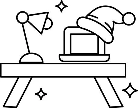 A table with a lamp, laptop, and a hat on it Stock Illustration