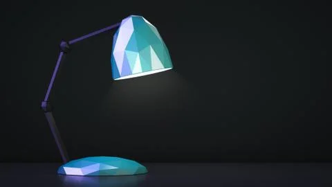 The table lamp is shining. Low poly style. Dark background. Foto stock