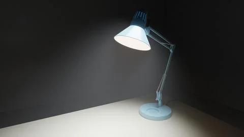 A table lamp sits on a table and illuminates a dark room. 3D rendering Stock Photos