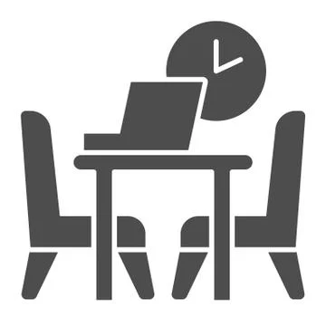 Table with laptop and chairs with clock solid icon, Coworking concept, Office Stock Illustration