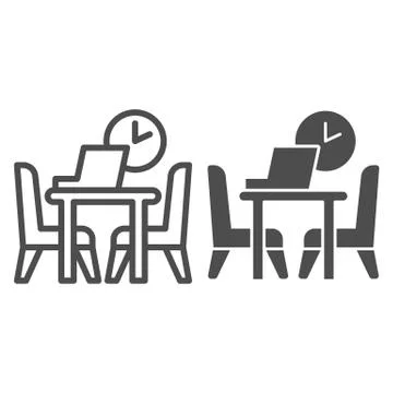 Table with laptop and chairs with clock line and solid icon, Coworking concept イラスト素材
