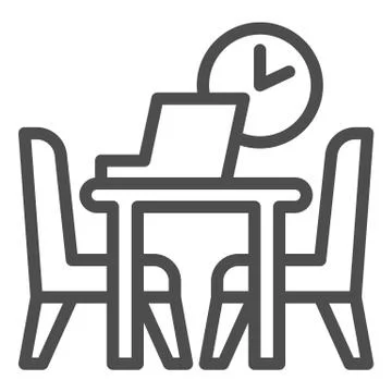 Table with laptop and chairs with clock line icon, Coworking concept, Office イラスト素材