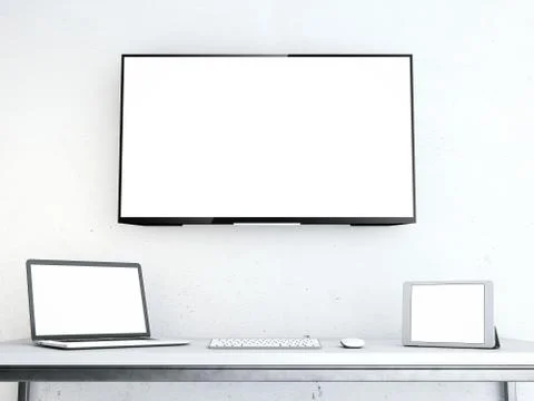 Table with laptop and large screen on the wall Stock Illustration