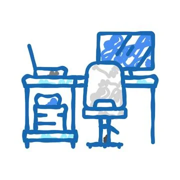 Table laptop computer chair home office icon doodle illustration イラスト素材