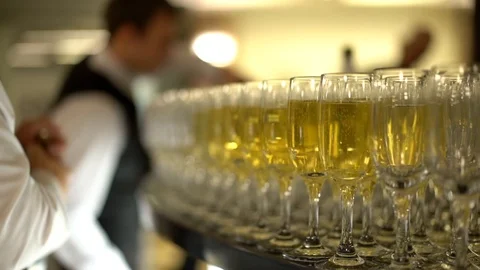 On the table is a large number of glasses of champagne Stock Footage 127103875