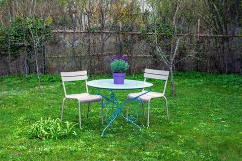 Table with lavender and two chairs in a garden on green lawn Stock Photos