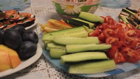Table layout with cucumbers and vegetables Stock Footage 147030072