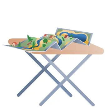 On the table lies a partially unfolded map for a trip on which a house, plants Illustrazione stock