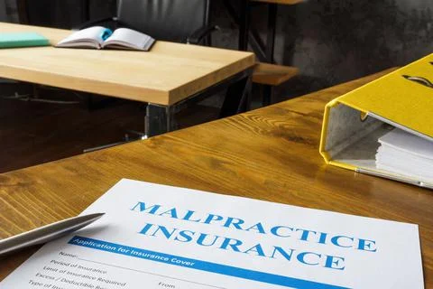 Table with Malpractice insurance application on it. Stock Photos