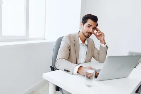 Table man background happy technology laptop businessman business office winner Stock Photos