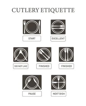 Table manners. Cutlery etiquette. Vector icon set simple flat. Eating rules. Stock Illustration