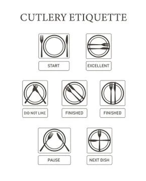 Table manners. Cutlery etiquette. Vector icon set simple flat. Eating rules. Stock Illustration
