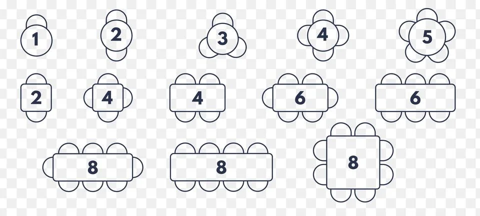 Table maps for restaurant seating capacity. Different chair and table sizes f Stock Illustration