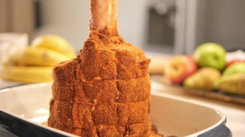 On the table is marinated meat, smeared with aromatic spices. Meat lovers will Stock Footage 273144412