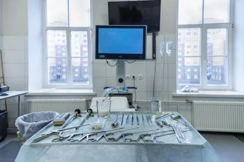 Table with medical instruments in a hospital ward. Stock Photos