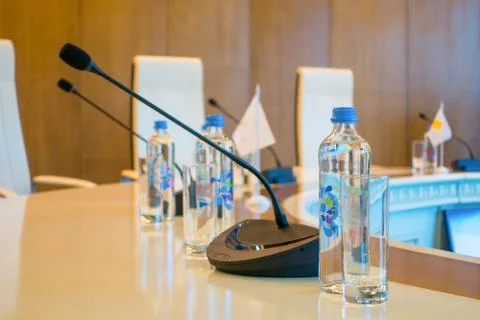 Table microphone at conference hall Stock Photos