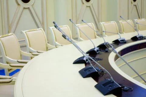 Table microphone at conference hall Stock Photos