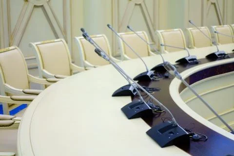 Table microphone at conference hall Stock Photos