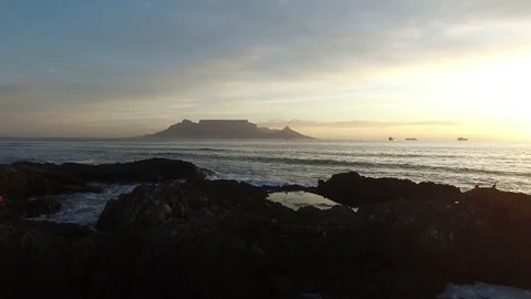 Table Mountain above Rock Pools at Sunset in Cape Town Stock Footage 79745723