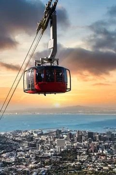Table Mountain cable car looking over Cape Town city bowl and Atlantic Ocean Stock Photos