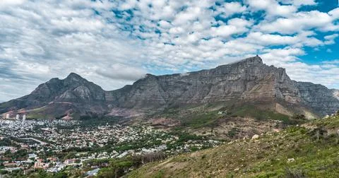 Table mountain Panoramic view with Cape Town city bowl in the foreground Stock Photos