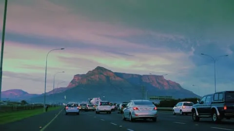 Table Mountain seen from highway at dusk. Stock Footage 11116553