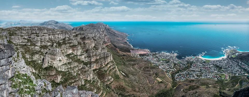 Table mountain from the top, looking out towards the Southern coastline  Stock Photos