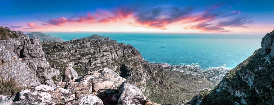 Table mountain from the top, looking out towards the Southern coastline  Stock Photos