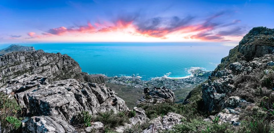 Table mountain from the top, looking out towards the Southern coastline  Stock Photos