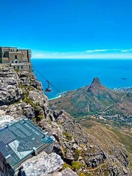 Table Mountain view of cableway and Lions Head Stock Photos