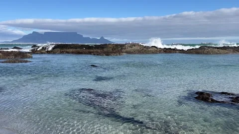 Table Mountain view from a rocky beach with ships out at sea Stock Footage 251525535