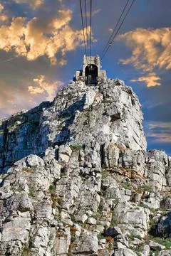 Table Mountain view of top cable way station at sunset, Cape Town, South Africa Stock Photos