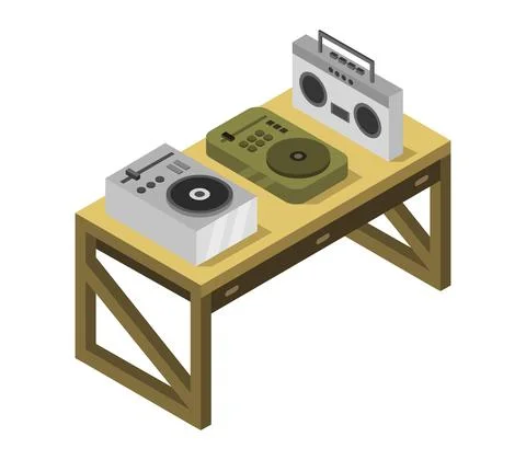 Table with musical objects isometric illustrated illustrated in vector Stock Illustration