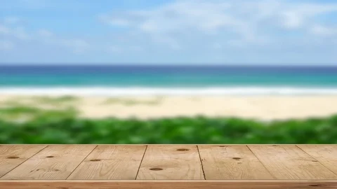 Table objects, Wood table perspective pattern, on beach sea in sunlight. Stock Footage 112645019
