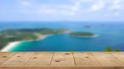 Table objects, Wood table perspective pattern, on beach sea in sunlight. Stock Footage 112645249