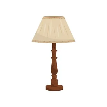 Table or bedside lamp with beige fabric shade and wooden leg. House decor Stock Illustration