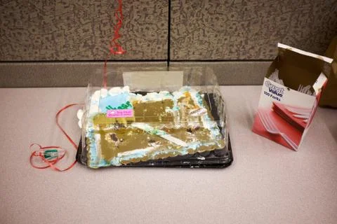 Table with party cake leftovers Stock Photos