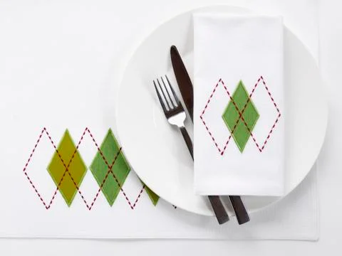 Table Place Setting with Argyle Pattern Stock Photos