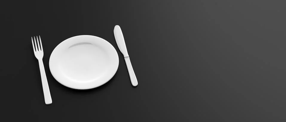 Table, place setting. Empty white plate, fork and knife on black color backgr Stock Illustration