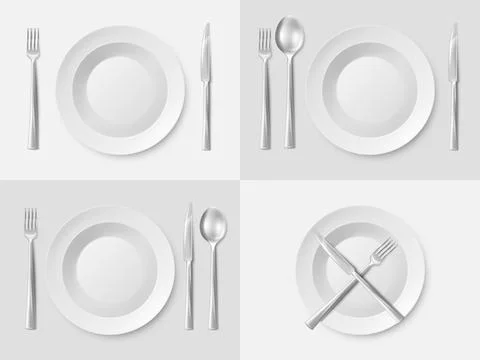 Table plate. Circle ceramic dish with metal cutlery. Spoon and fork. Eat food by Stock Illustration