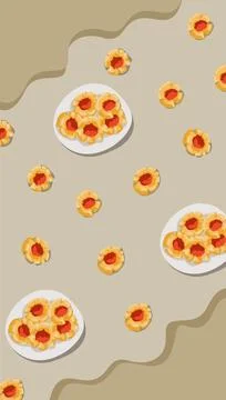 A table with plates of cookies jam on top. Strawberry jam cookies dish  Stock Illustration