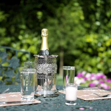 Table preparation with a bottle of wine Stock Photos