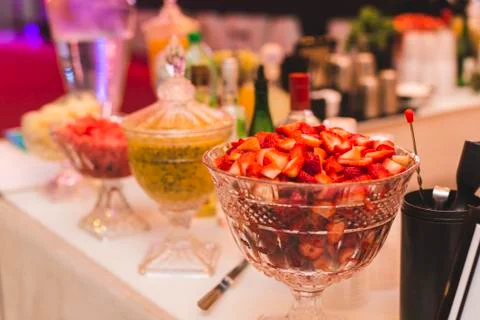 Table prepared with fruit for special drinks in event Stock Photos
